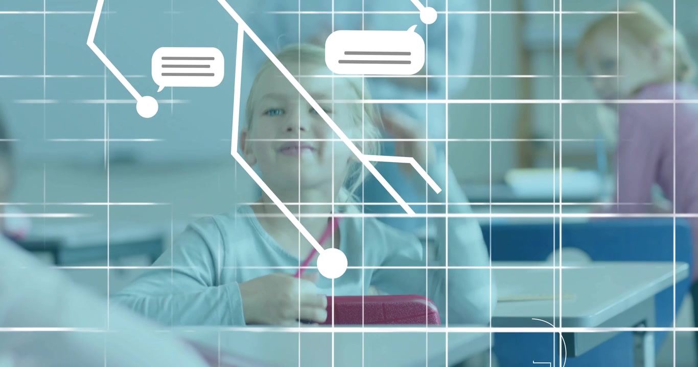 Teacher gesturing at board initiating grid network guiding student writing and learning with AI