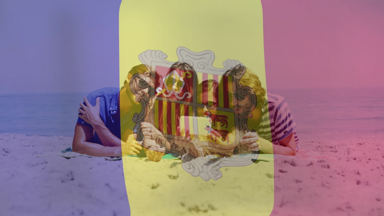 familia relajándose en la playa con la bandera de andorra y el escudo de armas animado sobre ellos