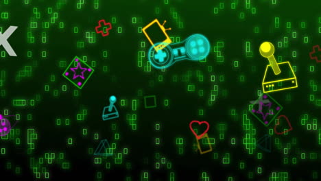 animation of neon video game items neon moving on black background