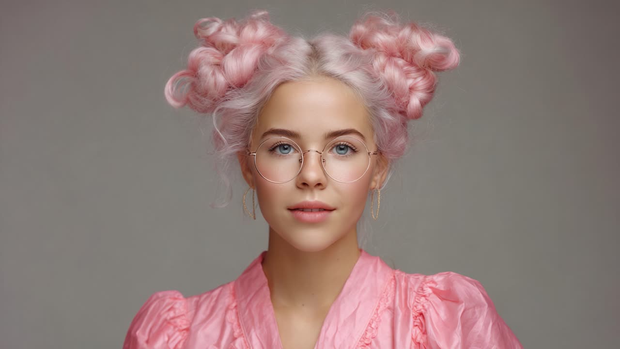Captivating Portrait of a Young Woman with Pink Hair and Stylish Outfit in a Studio Setting, Showcasing Unique Fashion and Modern Aesthetic