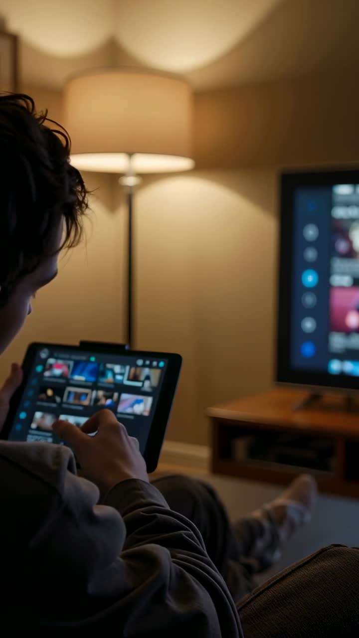 Video verticale: Menu TV che invita un uomo con la felpa con cappuccio a casa a scegliere uno show scorrendo il tablet, con spazio per il testo.