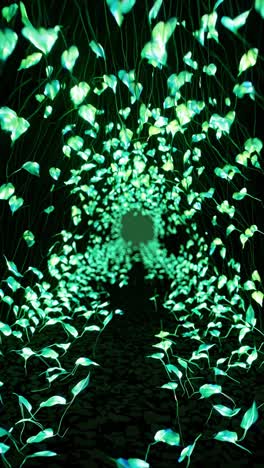 enchanted pathway of glowing green leaves
