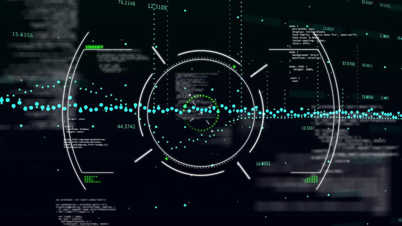 animatie van een blauwe gegevensstroom over een cirkelvormige scanner en verwerking van gegevens op een zwarte achtergrond