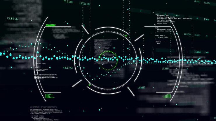 Animation of blue data stream over circular scanner and processing data on black background