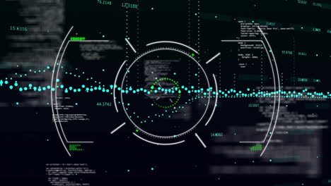 Animación-Del-Flujo-De-Datos-Azules-Sobre-Un-Escáner-Circular-Y-Procesamiento-De-Datos-Sobre-Fondo-Negro