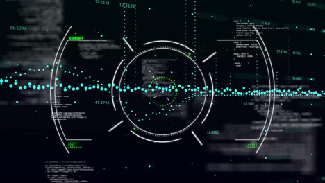 Animation of blue data stream over circular scanner and processing data on black background