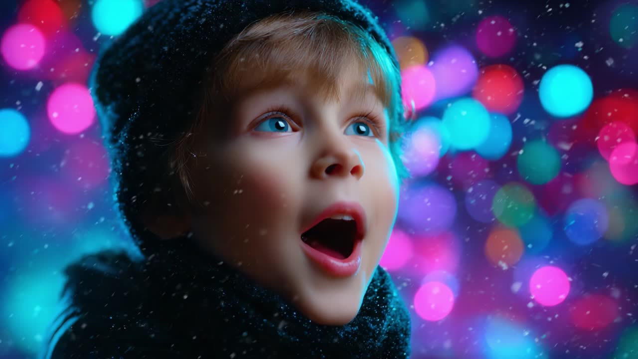 Enchanting Moment: A Young Boy Gazes in Wonder at a Beautiful Display of Colorful Lights, Capturing the Essence of Joy and Innocence Amidst a Magical Atmosphere Filled with Wonder and Delight