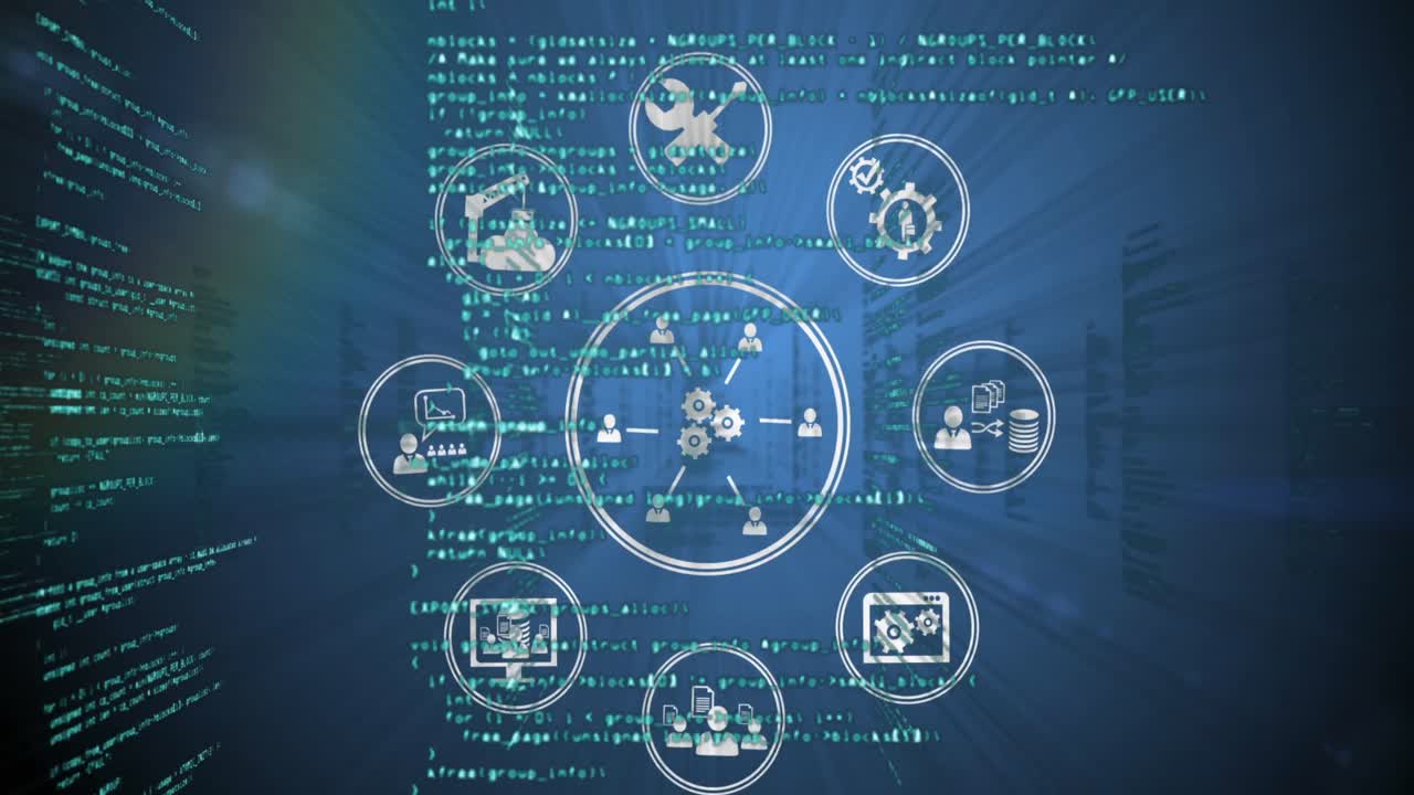 Animations of network of connections with icons over data processing on dark background