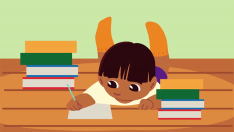 niño estudiante escribiendo en libros