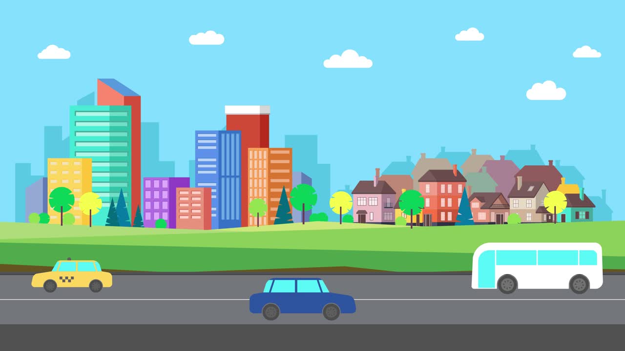 큰 도시, 아한 마을, 눈 인 산의 풍경. 교통은 길을 따라 움직입니다. 노란색 택시, 파란색 자동차, 색 버스. 도시로 출발합니다. 하늘의 구름은 부드럽게 움직입니다. 휴가.