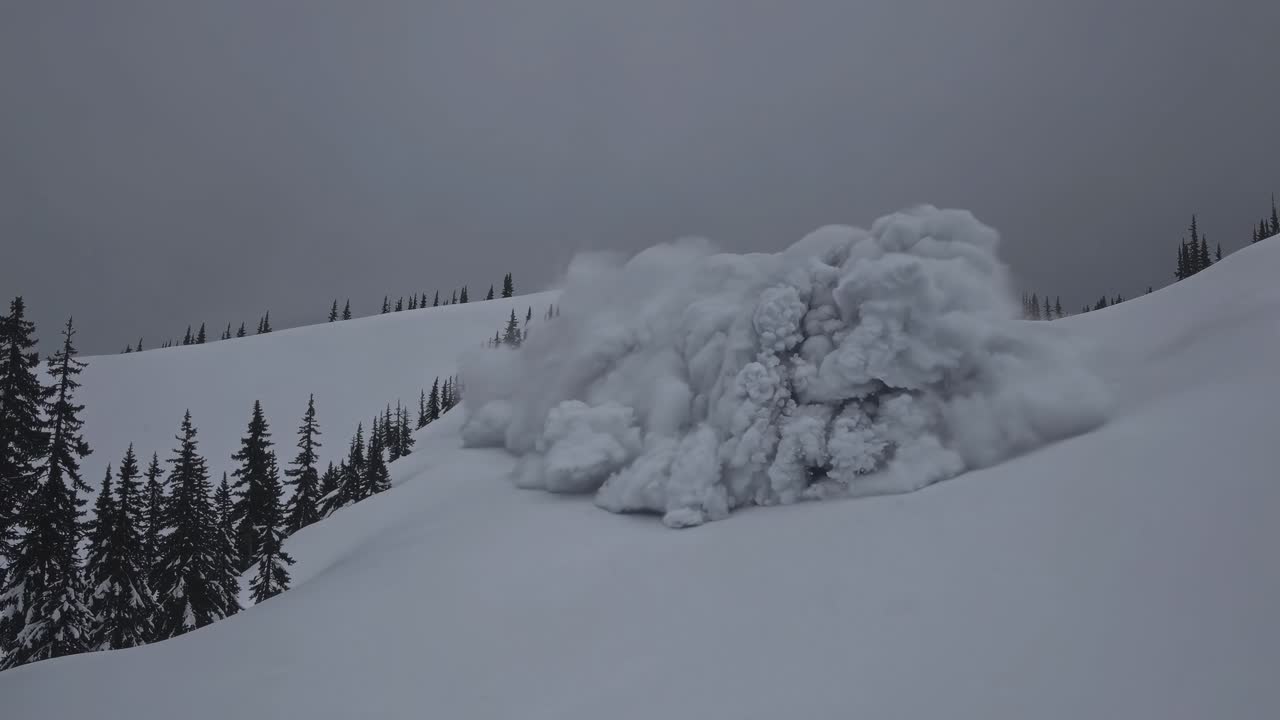 A dramatic video still of a snow avalanche captured from a low angle, highlighting the power