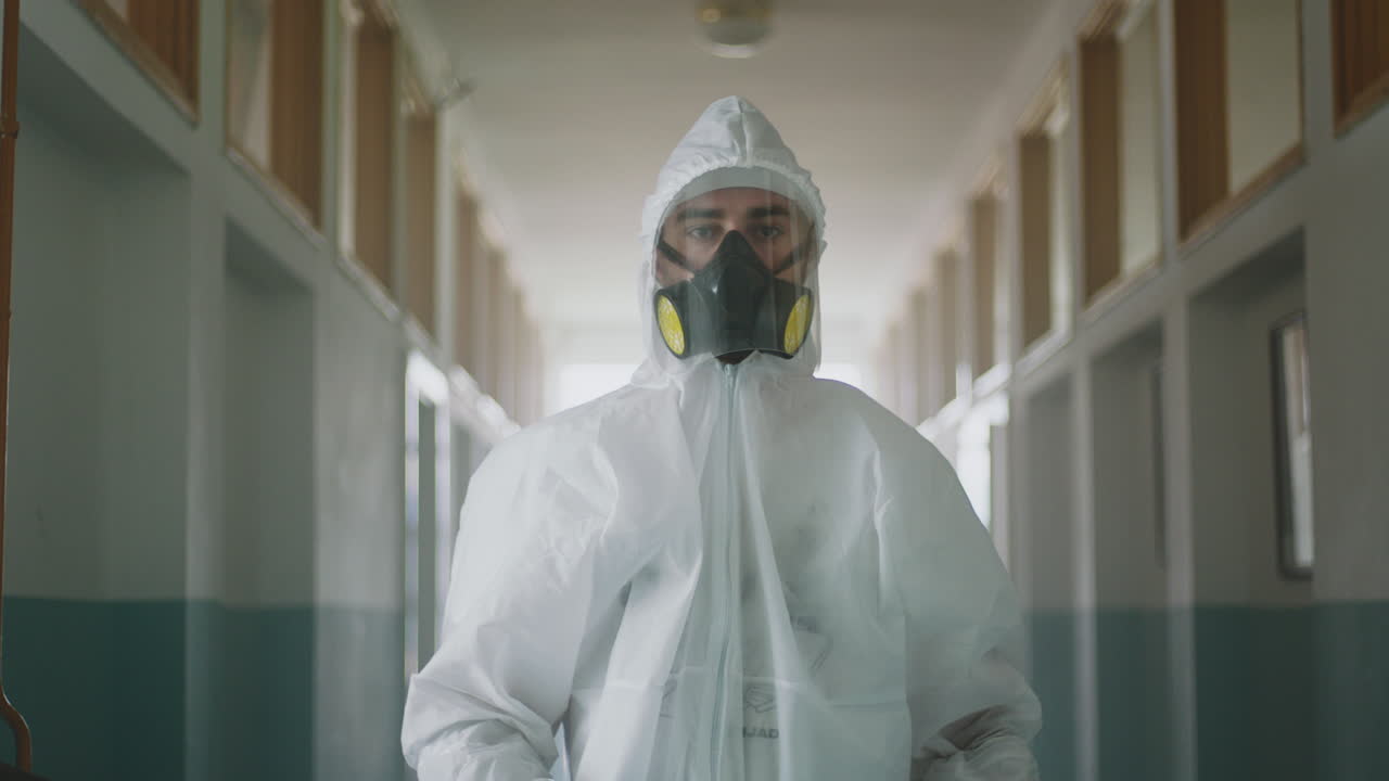 Person in Hazmat Suit in Corridor