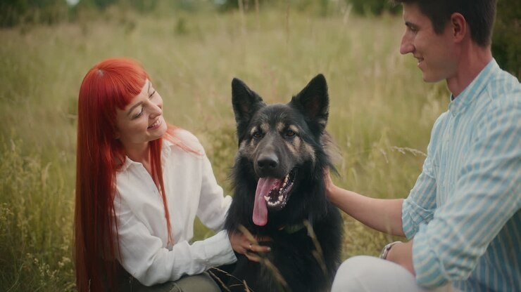 Coppia che accarezza il proprio cane in un campo erboso