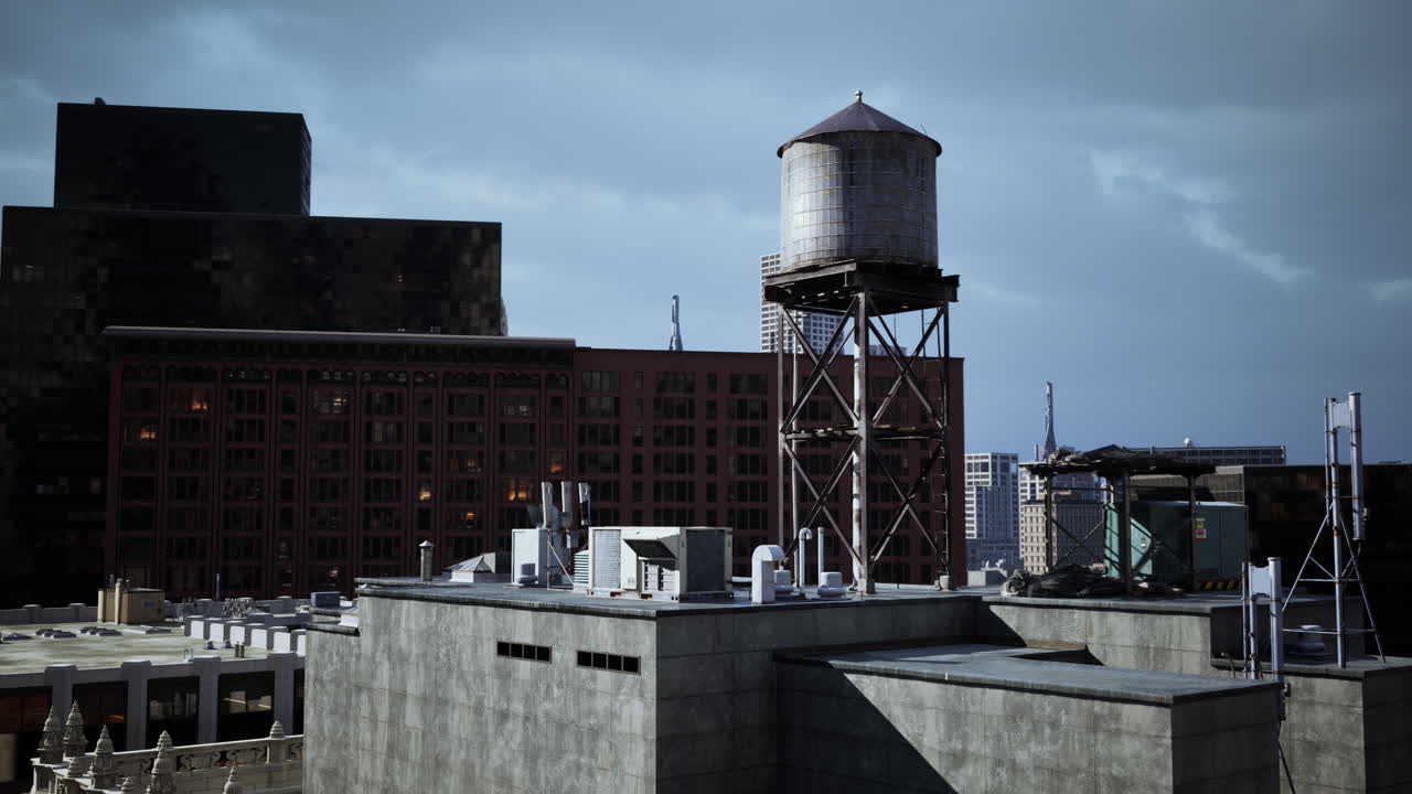 una torre de agua en un techo de una ciudad