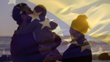 animación de la bandera bosnia sobre padres caucásicos felices y niño en una playa soleada