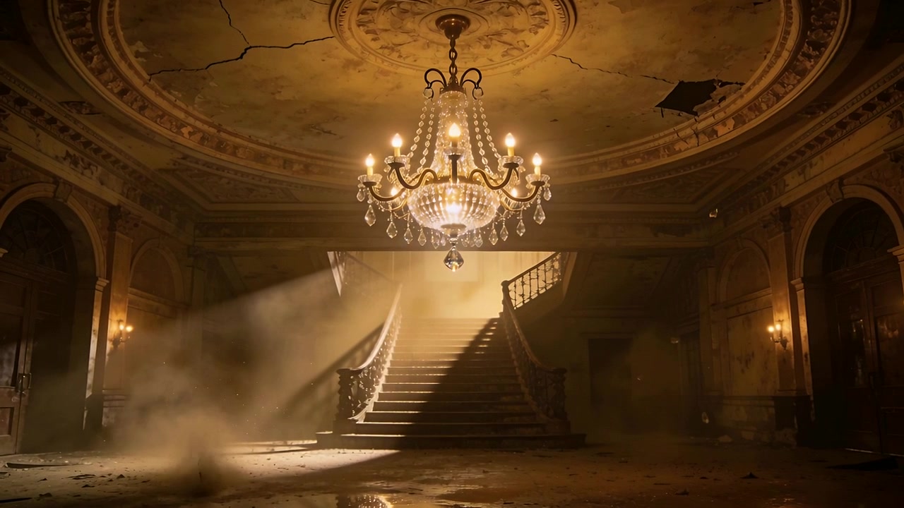 Lampadario luminoso, scala che proietta luce nell'atrio, raggio di sole che entra illuminando la polvere fluttuante