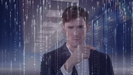 animación del procesamiento de datos sobre el hombre de negocios en la sala de servidores
