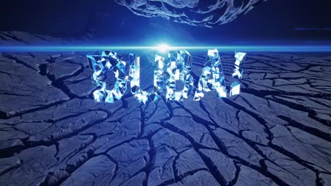 dubai lettering fragmenting and disintegrating over parched ground, dark skyline backdrop revealing urban landscape's vulnerability amid escalating global environmental and economic pressures