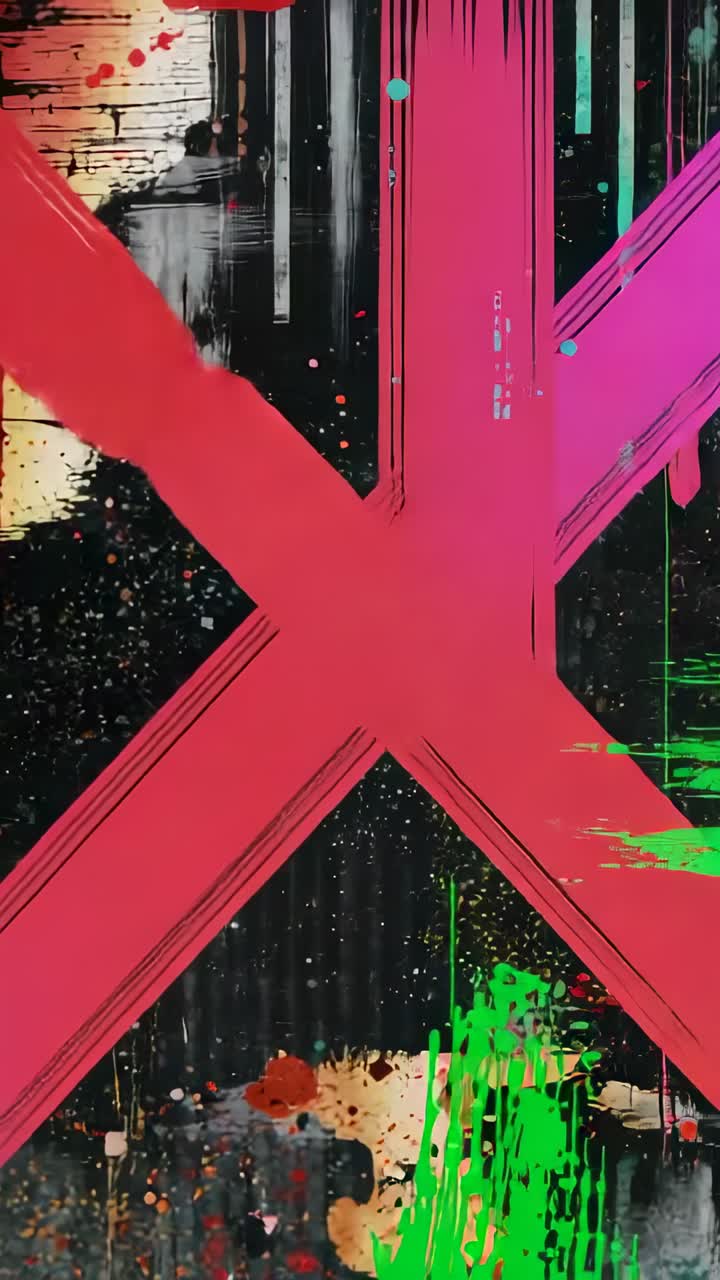 Vertical video: Red smear appearing on speckled canvas driving strokes into magenta X at gallery