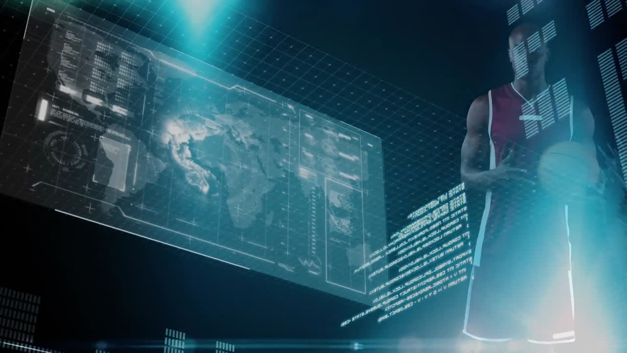 Animation of male basketball player, screen, digital interface and data processing