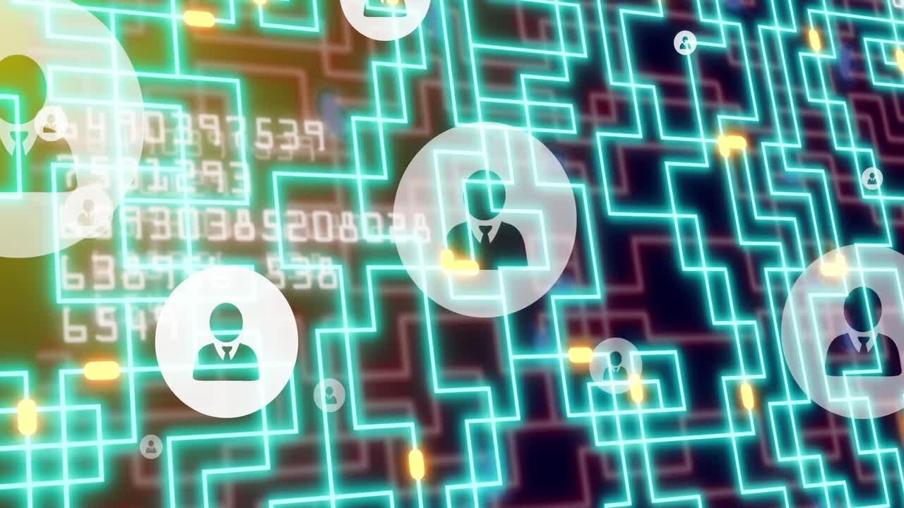 animación de iconos y procesamiento de datos a través de una red de conexiones