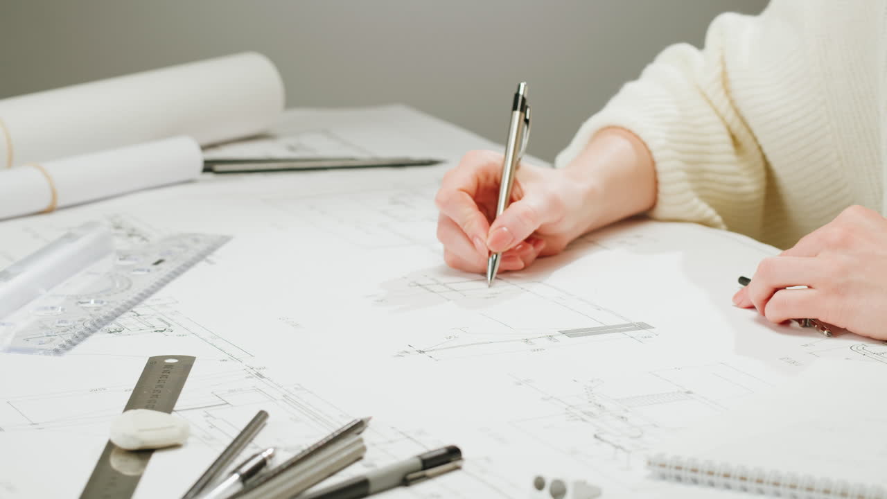 Architect or engineer working on blueprints with drafting tools