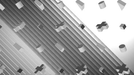 animation of 3d grey cubes and crosses over moving grey linear surface