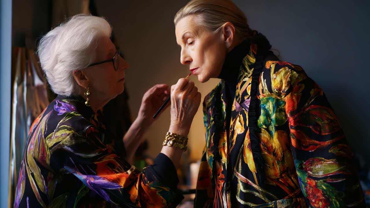 A Timeless Moment: An Artist's Hands Crafting Beauty with Precision as They Skillfully Apply Makeup to a Model in a Vibrant, Colorful Setting