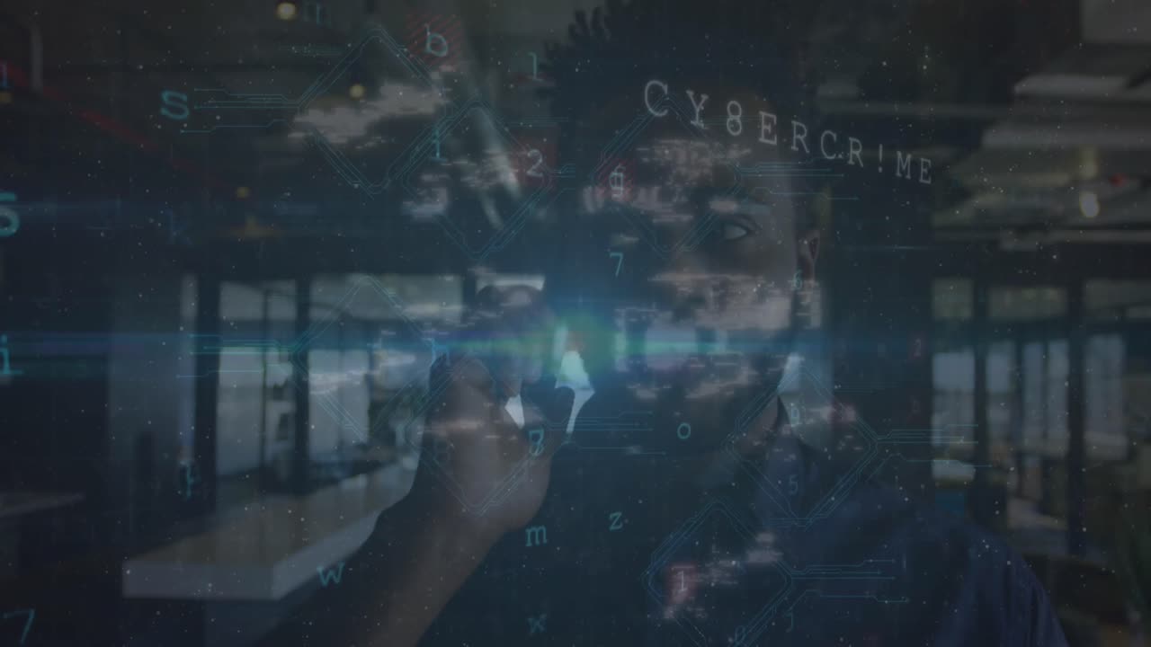Animation of cyber security data processing over african american man talking on smartphone