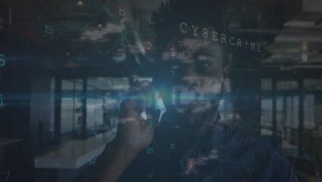 animation of cyber security data processing over african american man talking on smartphone