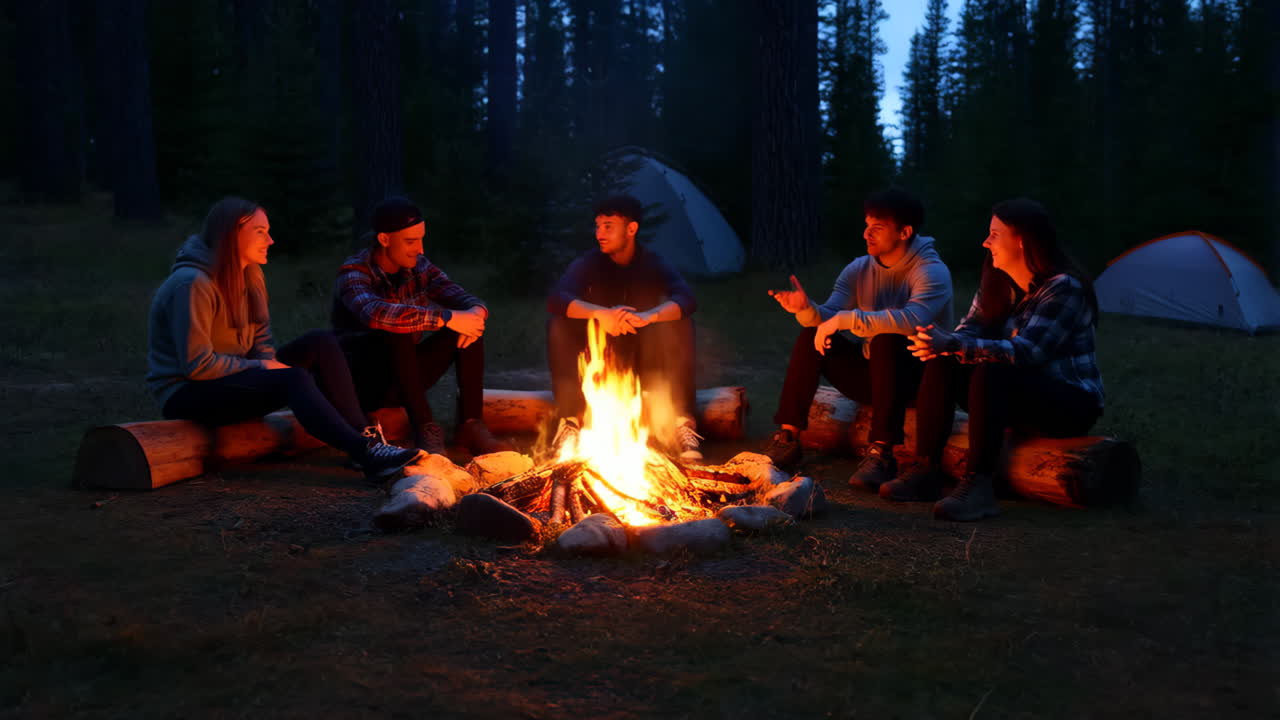 Friends gathered around a campfire at night