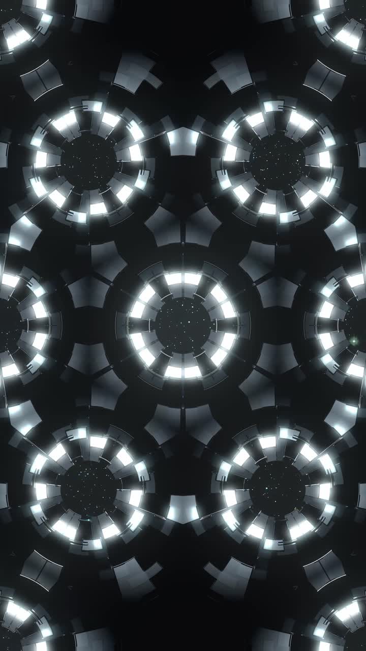 Caleidoscopio astratto futuristico con cerchi luminosi, ideale per storie, reel sui social media o come sfondo per loop VJ