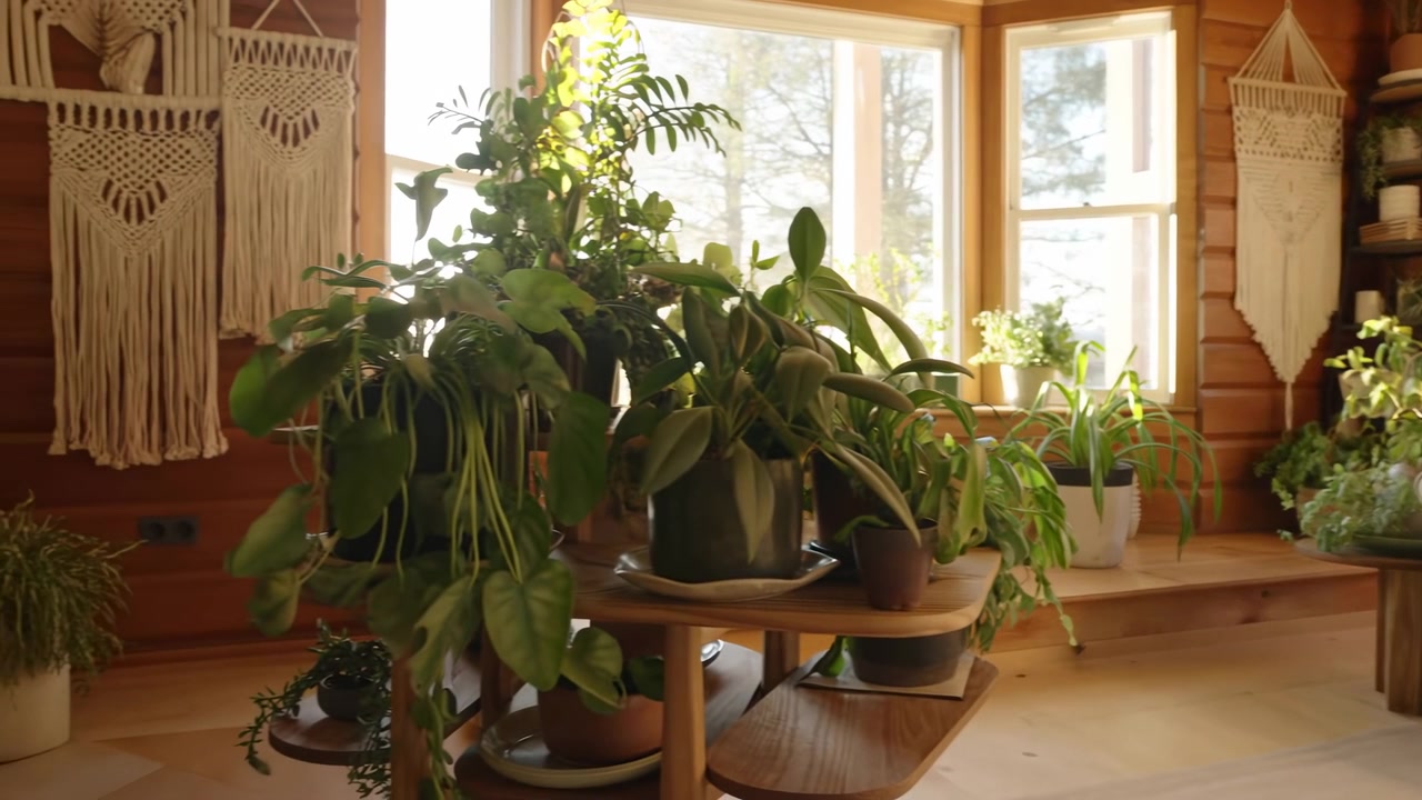 Varm naturlig interiör med stora gröna växter bredvid ett ljust fönster, en ljus soffa, trähyllor och vävd väggdekor som skapar en lugn hemmiljö.