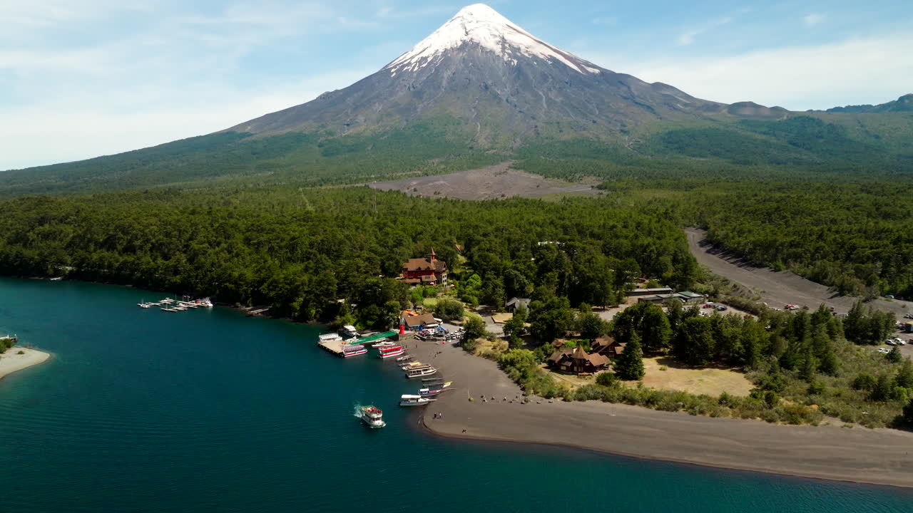 Drone view over Todos los Santos lake and Petrohue harbor of Osorno volcano