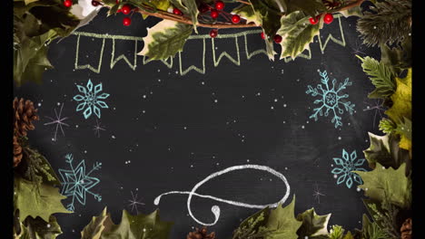 Animation of snow falling over holly, snowflakes and flags on black background