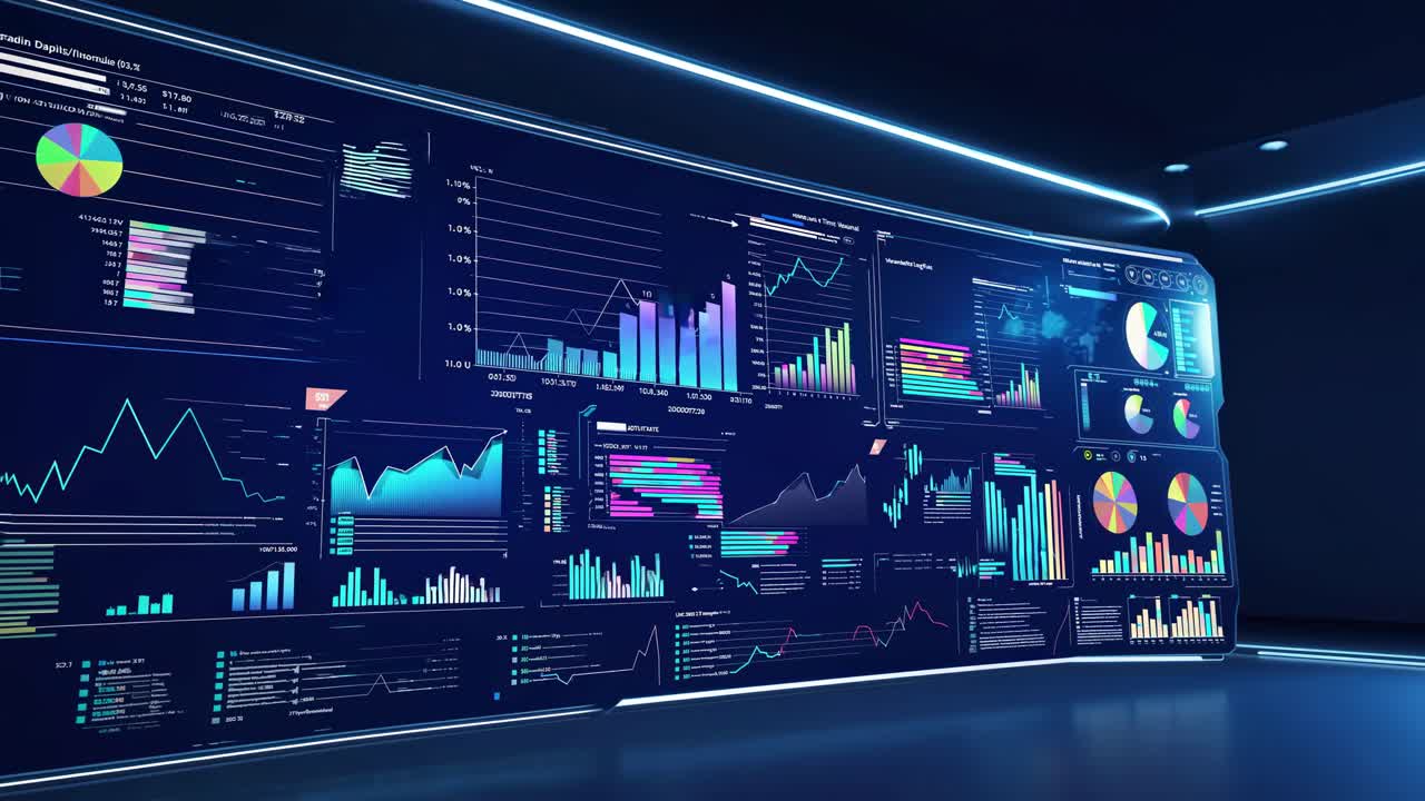 Futuristic video concept with a wide-angle view of a digital dashboard displaying vibrant data