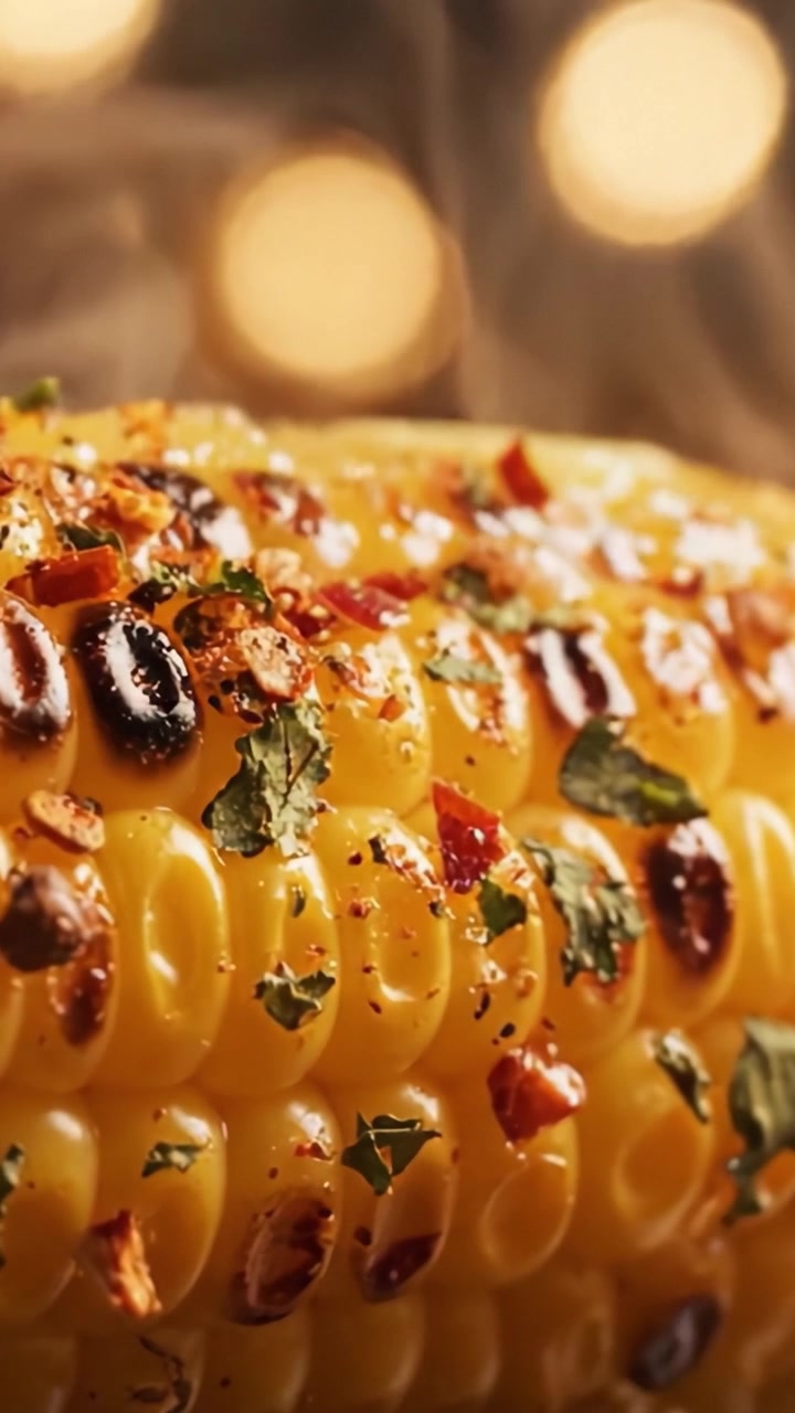 Deliciously Grilled Corn on the Cob Garnished with Spices and Herbs, Perfectly Roasted for a Flavorful Delight with a Glowing Background