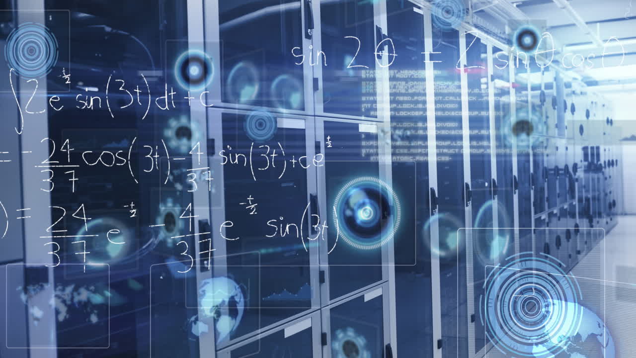 animación de ecuaciones matemáticas, destello de la lente y interfaz infográfica en la sala del servidor