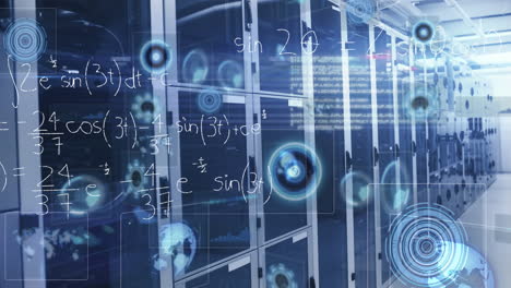 Animation of mathematical equations, lens flare and infographic interface over server room