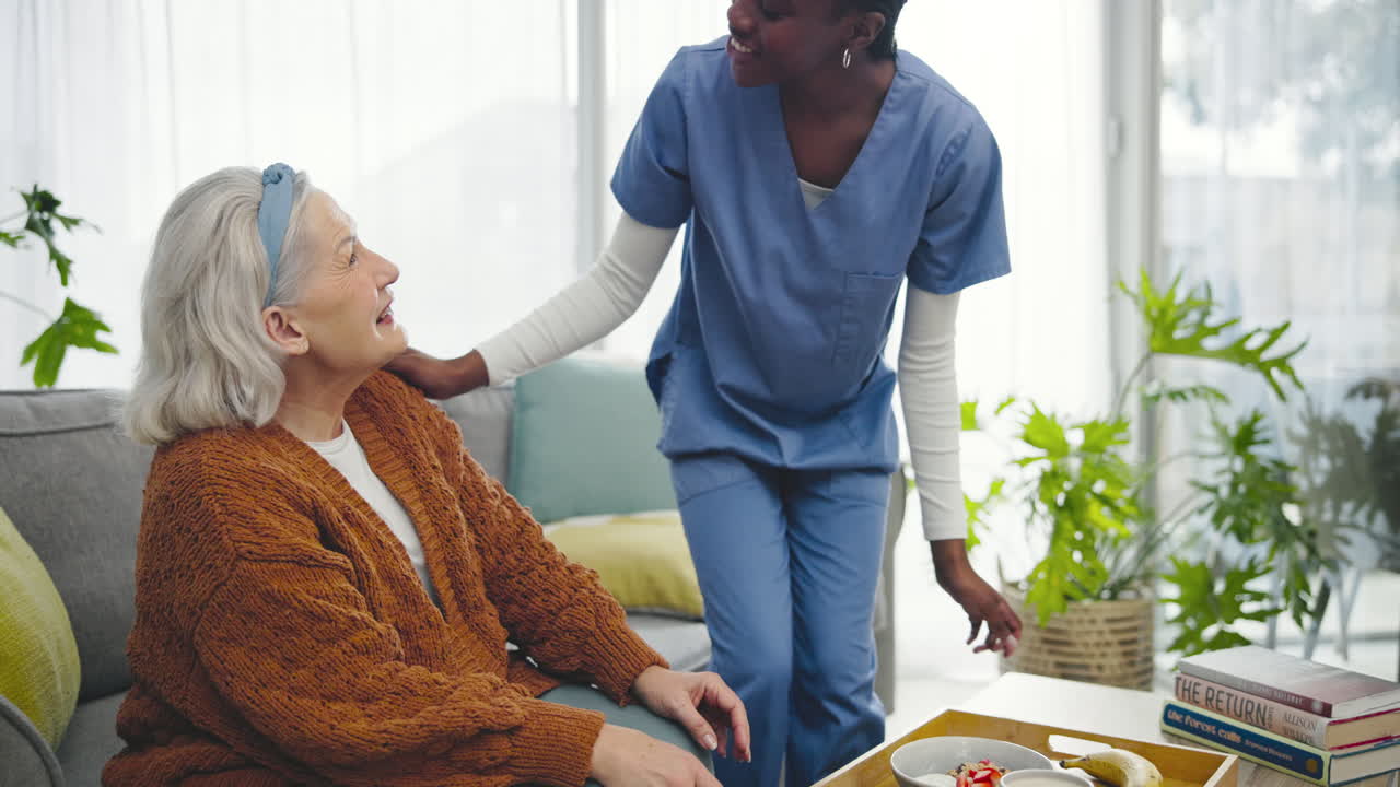 Senior woman, nurse and tea for home care