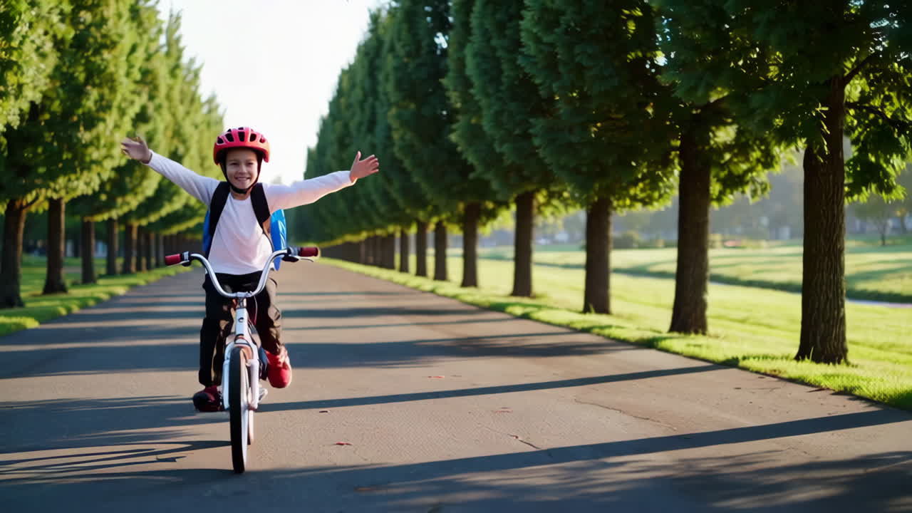 Happy Boy Riding Bicycle on a Scenic Tree-Lined Path