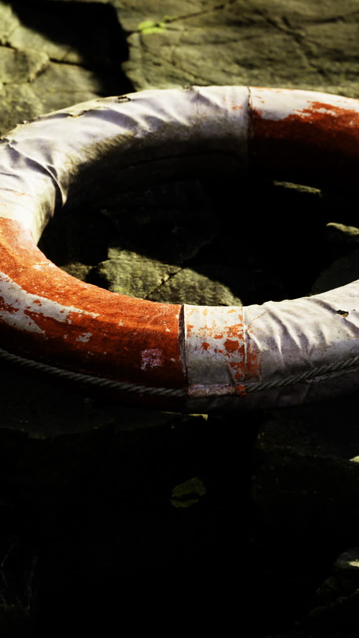 Lifesaving buoy resting on rocky shoreline under gentle sunlight