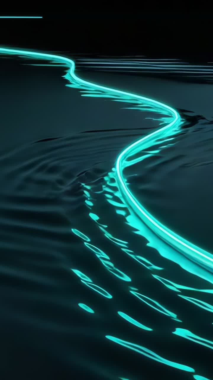 Vertical video: Appearing glowing cyan light tracing dark digital plane, creating ripple patterns