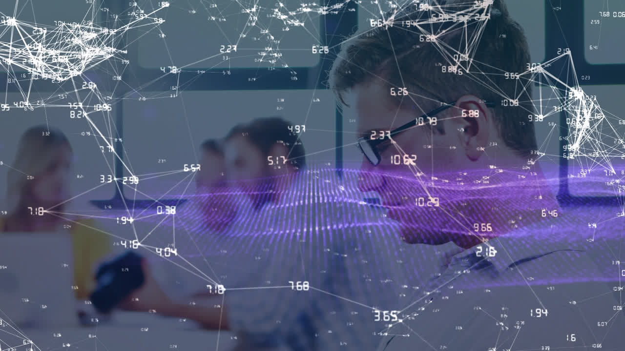 анимация сети связей над кавказскими бизнесменами в офисе