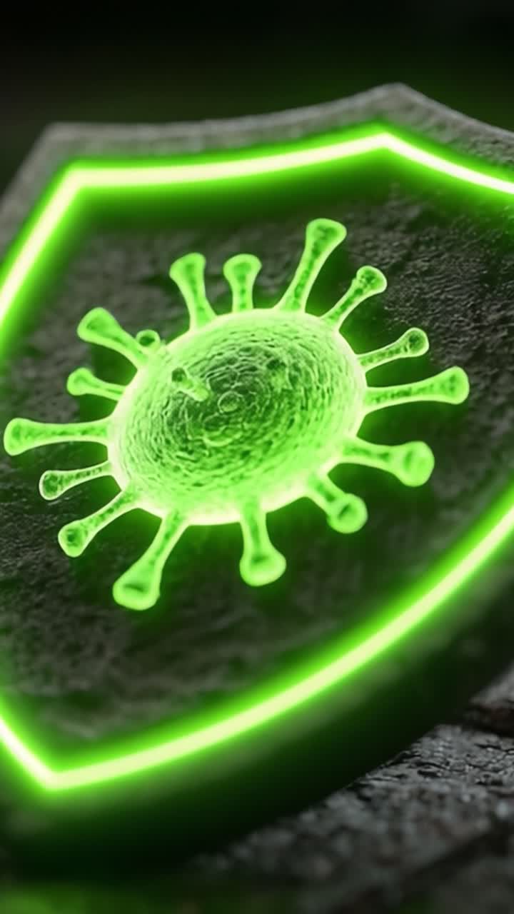 Una representación visual dinámica de un escudo que protege contra virus, resaltando la importancia de la salud y la seguridad de una manera atractiva e innovadora.
