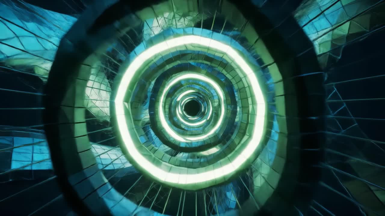 A Journey Through an Eerie, Futuristic Tunnel of Light: Exploring Vibrant Patterns and Distorted Reflections in a Hypnotic Visual Experience