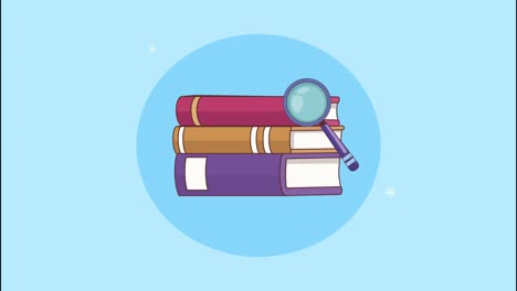 pile text books with magnifying glass