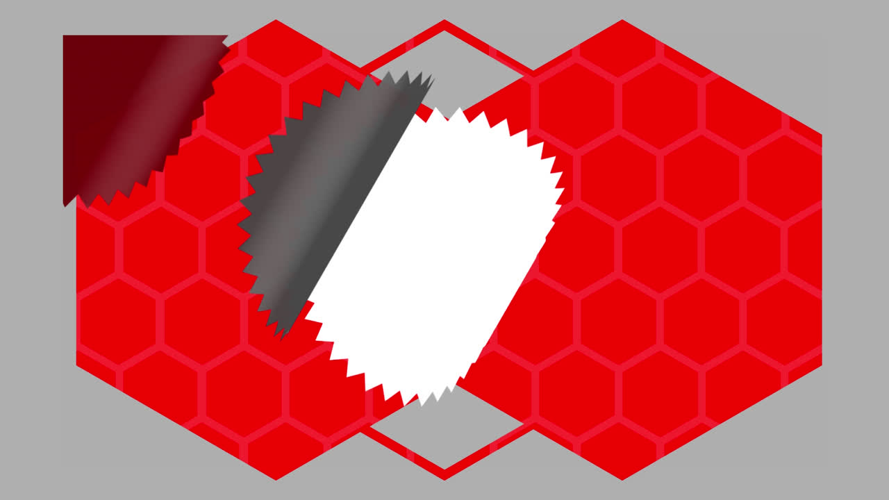 Sawtoothed circles and red hexagons moving on grey background