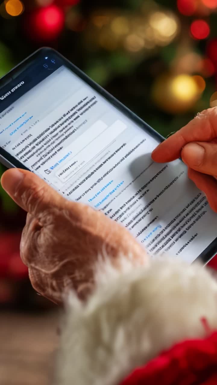 An elderly person's hand, dressed in a festive sleeve, interacts with a smartphone displaying a digital interface, surrounded by colorful holiday decorations that enhance a cozy Christmas atmosphere