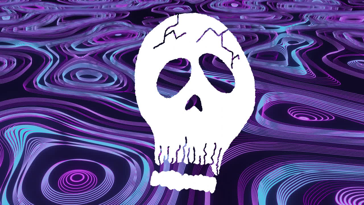 animación de cráneo blanco agrietado sobre un patrón circular contra un fondo negro